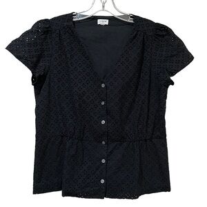 J. Crew Medium Black 💯 Cotton Cap Sleeve Eyelet Button Down Career Blouse O